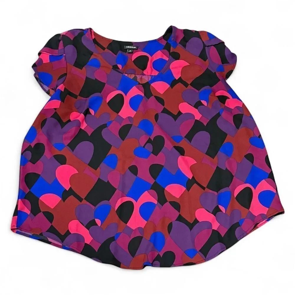 Torrid Georgette Tulip Sleeve VNeck Blouse Hearts Multi Black Red Purple Black 0